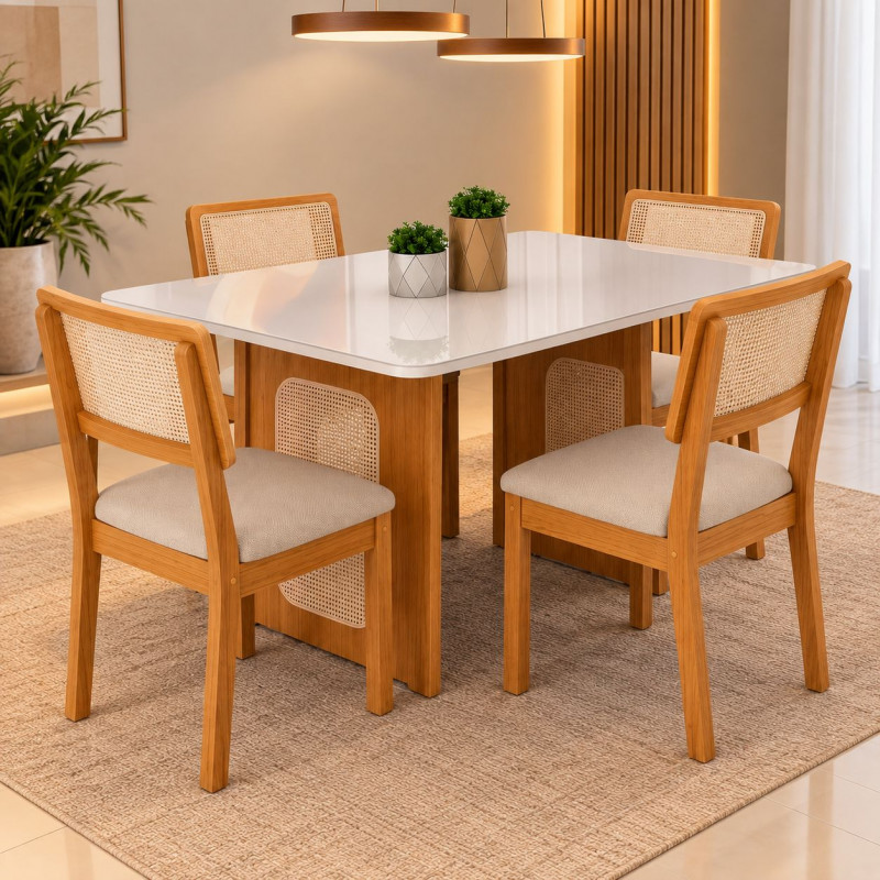 Conjunto Mesa 4 Cadeiras Sao Carlos Amelie Retangular 115X94 com Vdo Areia/Cinamomo/OFF White