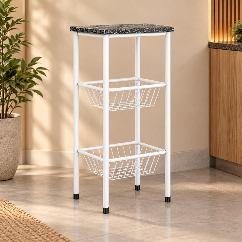 Fruteira Serra Tubos 90CM com Granito 2 Cestas Branco