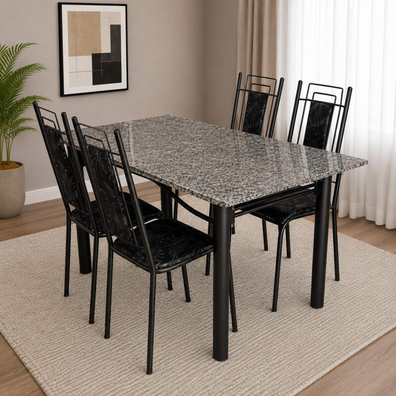 Conjunto Mesa 4 Cadeiras Serra Tubos Belgica New Granito 115X75 Primavera Preto/Prata Preto Martelado