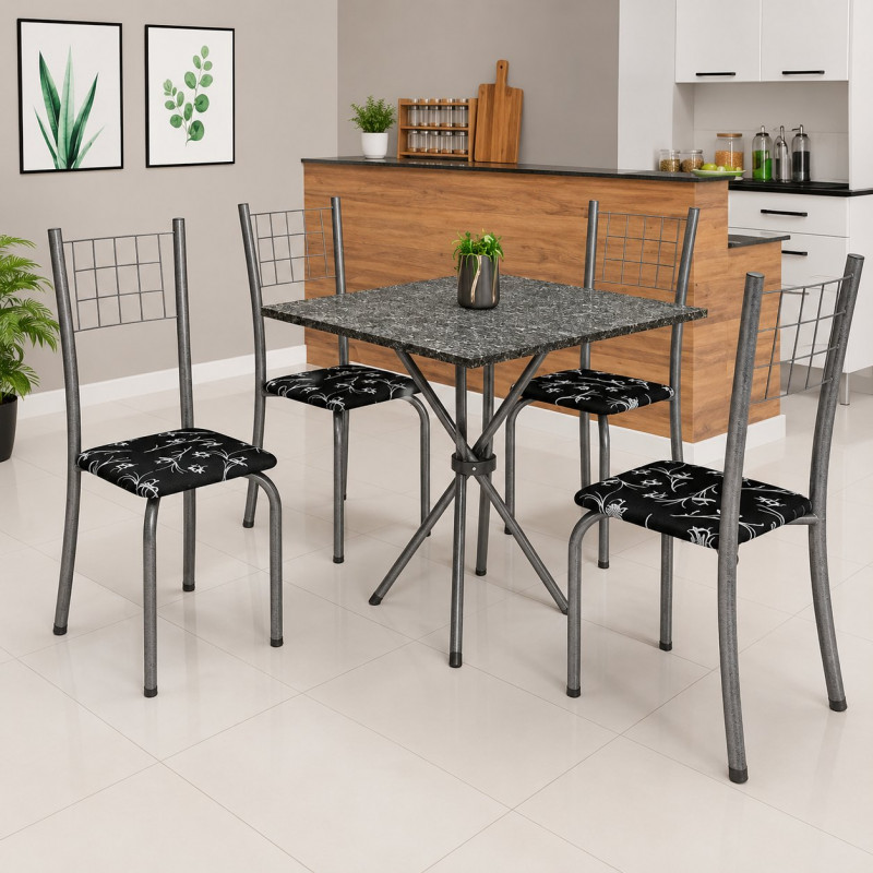 Conjunto Mesa Soma 4 Cadeiras Dany 70X70 Quadrada Floral Cinza Laca