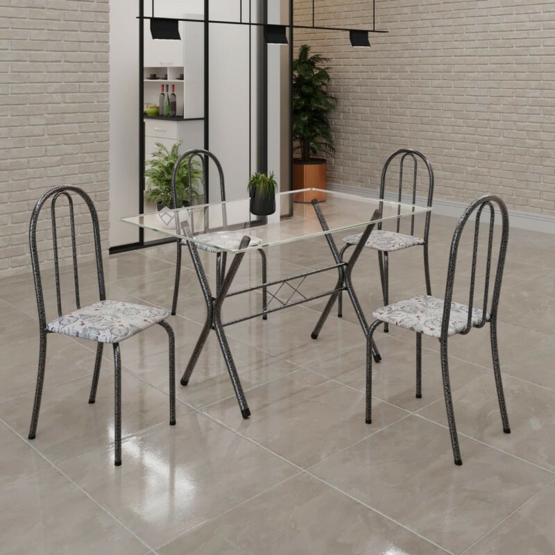 Conjunto Mesa Soma 4 Cadeiras Ane 120X75 Retangular Tampo Vidro Arabesco Prata Martelado