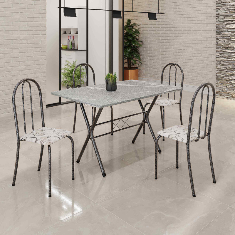 Conjunto Mesa Soma 4 Cadeiras Ane 120X75 Retangular Arabesco Prata Martelado Topazio