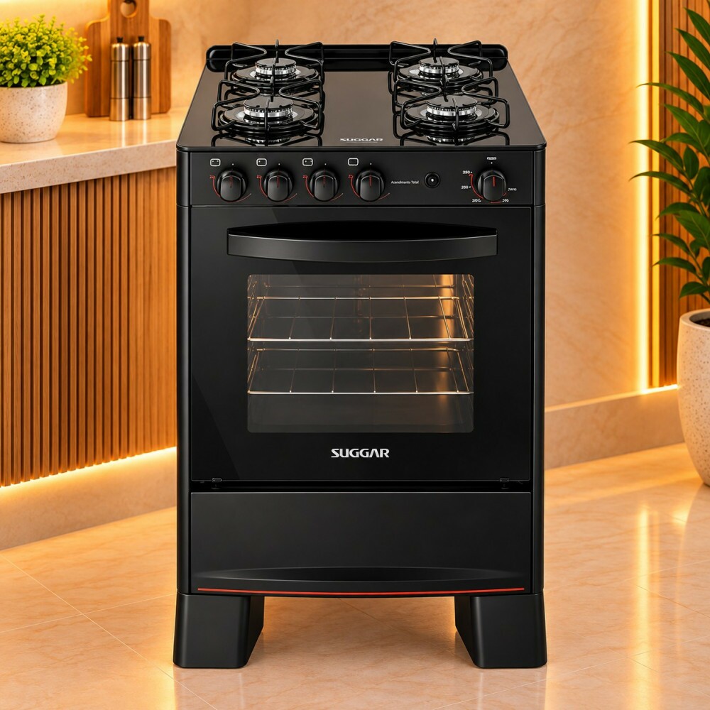 Fogao 4B Suggar Piso Cook Glass Mesa Vidro Preto Fgvcg410pt