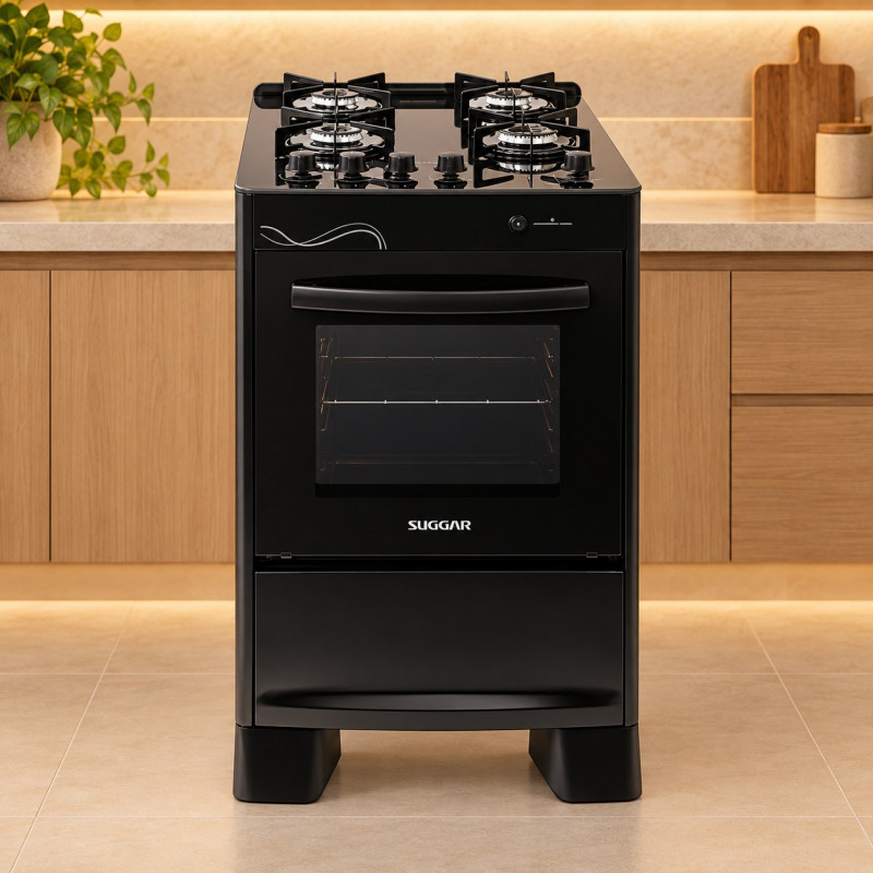 Fogao 4B Suggar Piso Neo Glass Mesa Vidro Preto
