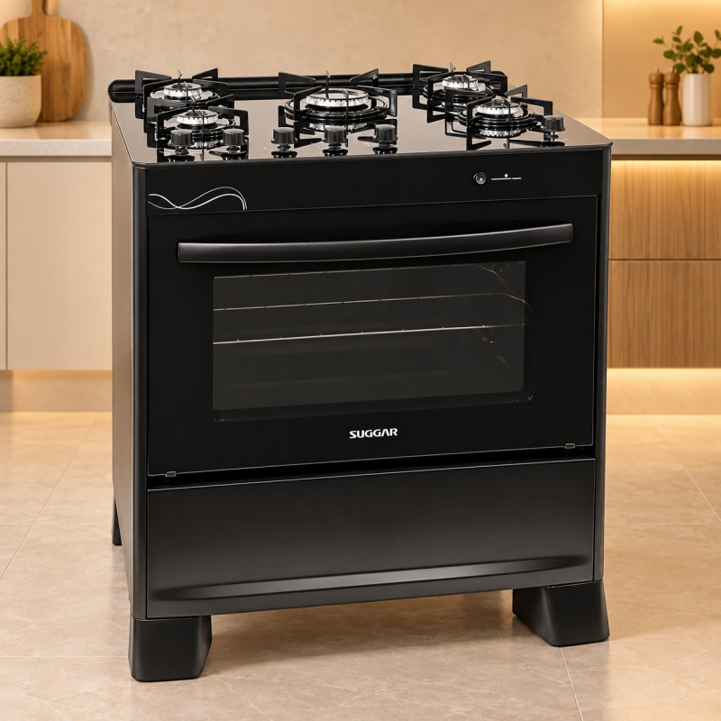 Fogao 5B Suggar Piso Neo Glass Mesa Vidro Preto