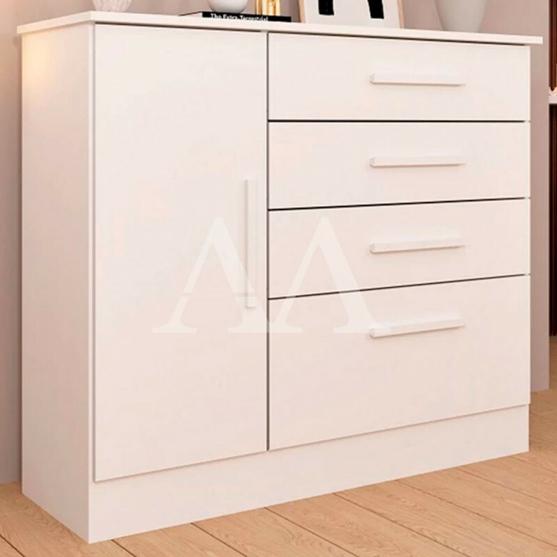 Cômoda 4 Gavetas 1 Porta Abrir Tcil Chicago com Pés Neve/Neve