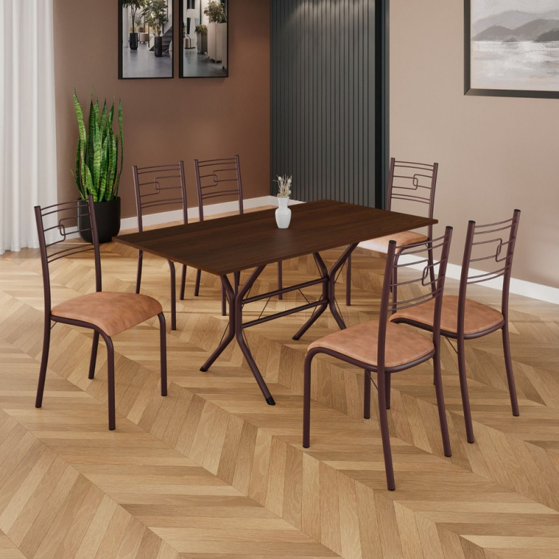 Conjunto Mesa 6 Cadeiras Moveis Teixeira Paraty Retangular 140X75 Jambo Marrom / Marrom