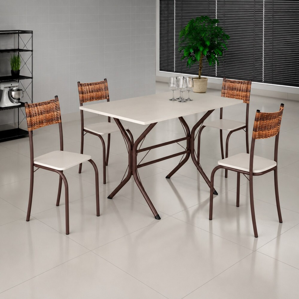 Conjunto Mesa 4 Cadeiras Moveis Teixeira Atlanta Retangular 120X75 com Ratan Carvalho Marrom / Off White