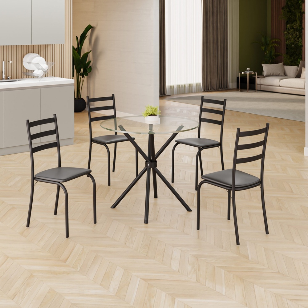 Conjunto Mesa 4 Cadeiras Moveis Teixeira Maraba Redonda com Vidro Preto Fosco