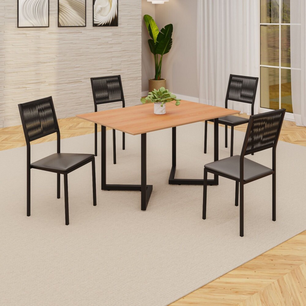 Conjunto Mesa 4 Cadeiras Moveis Teixeira Maia Retangular 120X90 Preto com Corda Nautica / Preto Fosco Proa