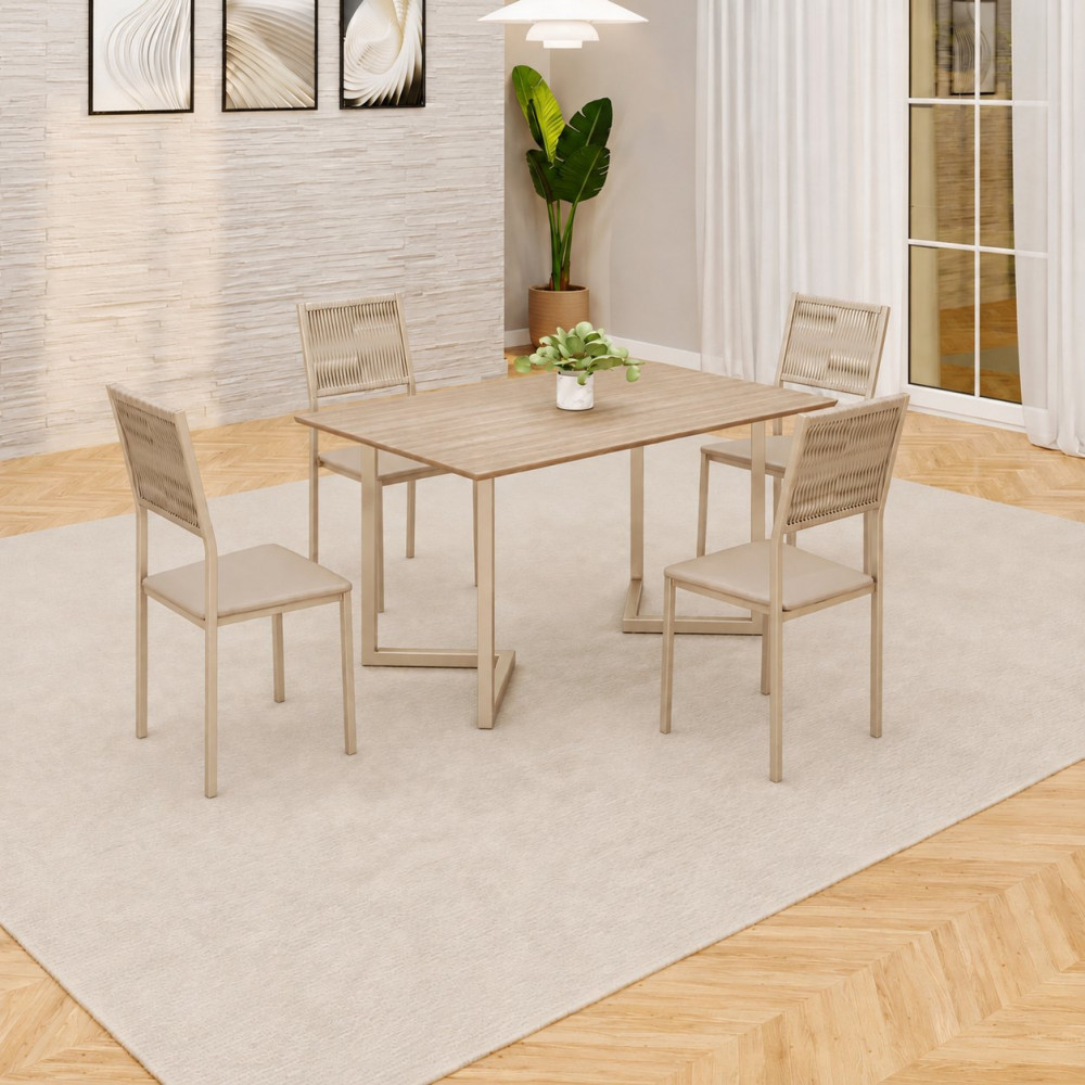 Conjunto Mesa 4 Cadeiras Moveis Teixeira Maia Retangular 120X90 Creme com Corda Nautica / Champanhe Proa