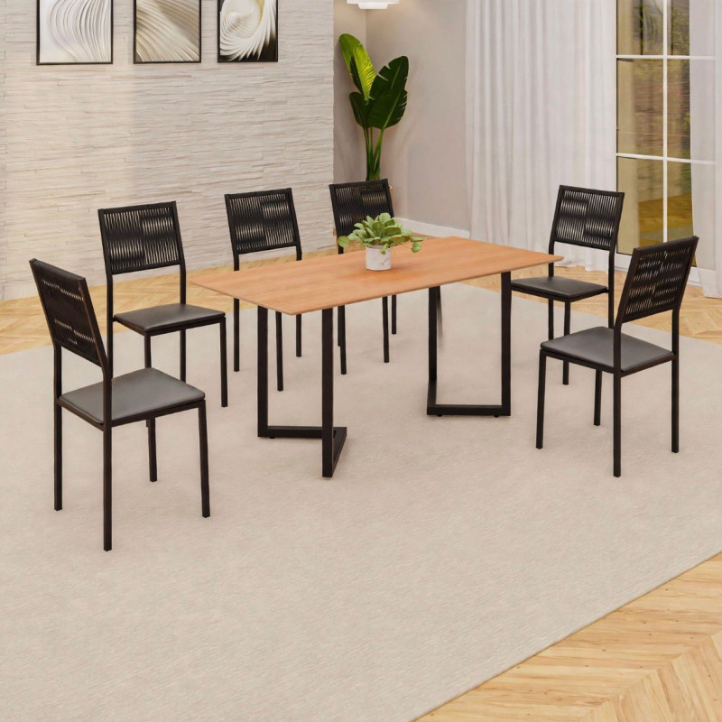 Conjunto Mesa 6 Cadeiras Moveis Teixeira Maia Retangular 160X90 Preto com Corda Nautica / Preto