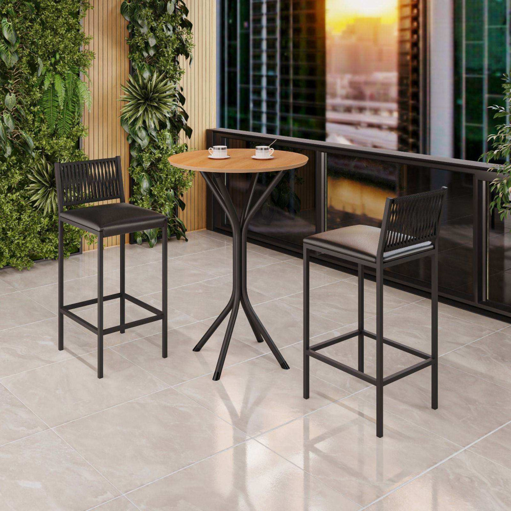 Conjunto Mesa 02 Banquetas Moveis Teixeira Nina Tampo Mad. Preto com Corda Nautica Preto Fosco
