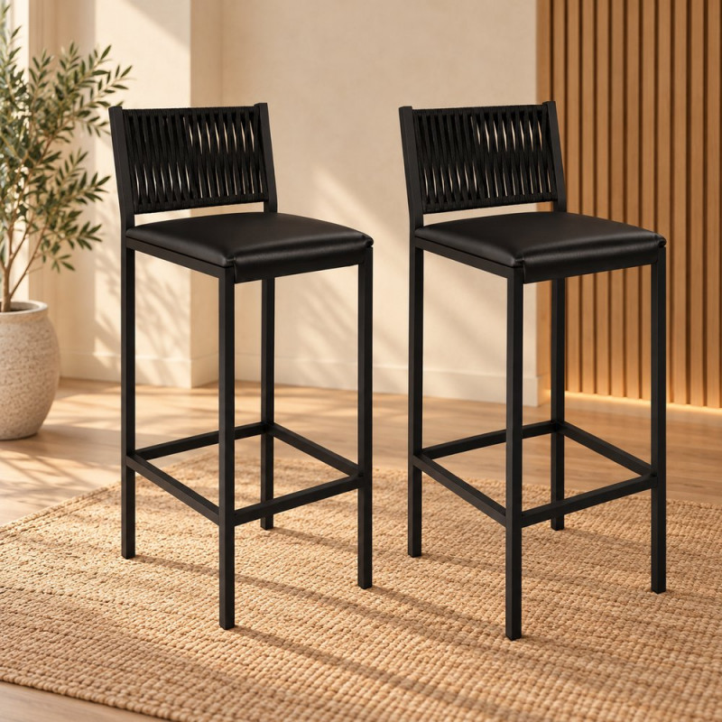 Conjunto 02 Banquetas Moveis Teixeira Nina Preto com Corda Nautica/Preto Fosco
