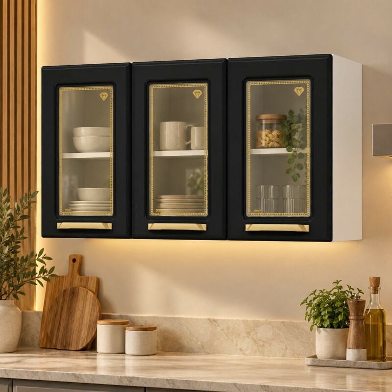 Armário Telasul Triplo Medio 3 Portas com V Diamante New Branco / Preto 818007-02