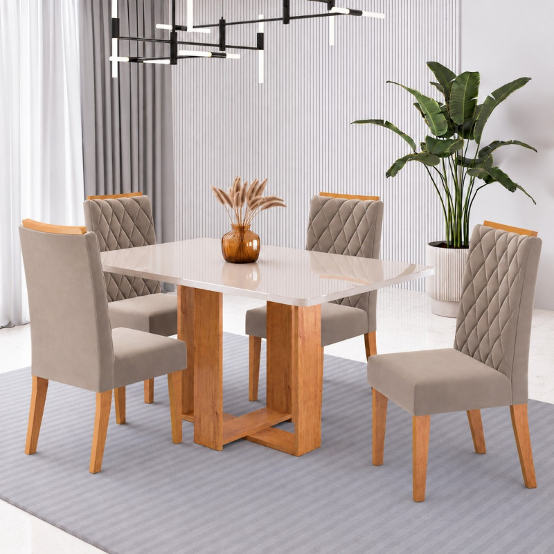 Conjunto Mesa 4 Cadeiras Viero Moveis Zara Retangular 120X80 com Vdo Cadeiras Iza Mel/Off White/Veludo Perola